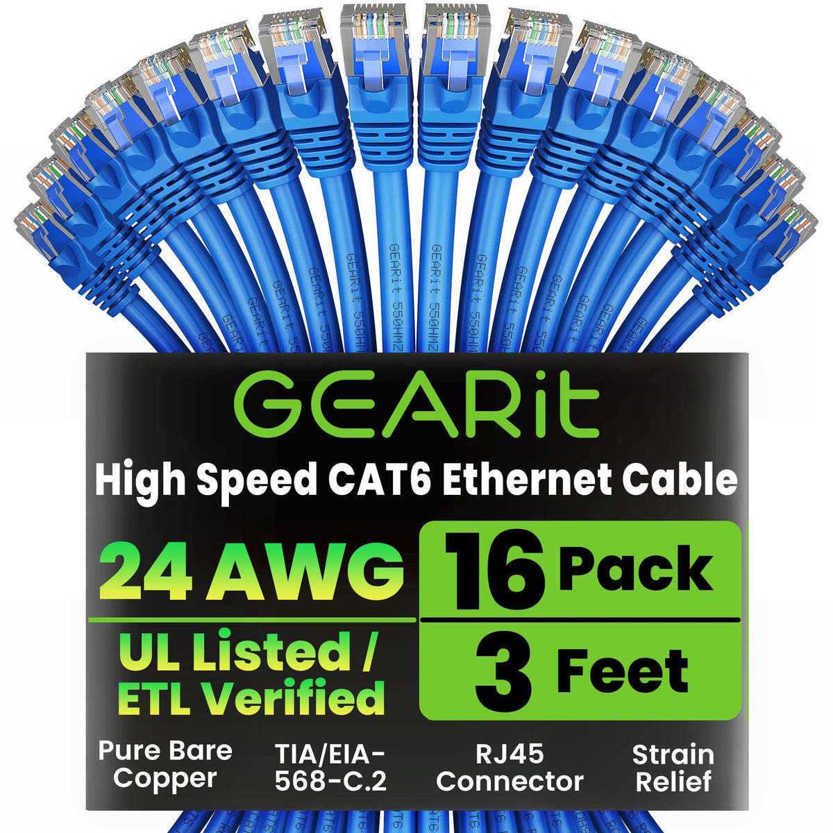 GEARit Cat6 Patch Cables Cat 6 Ethernet Cable 3 ft 16-Pack Black