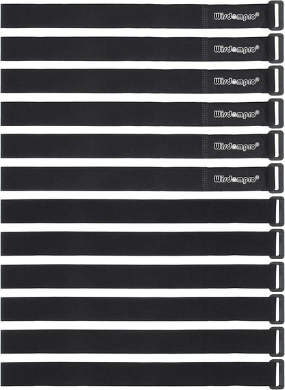 12 Pack 1 x 24 Inches Hook and Loop Reusable Fastening Cable Tie Down Straps by Wisdompro - Reusable, Durable Functional Cinch Strap to Keep Your Home, Office, Workspace from Tangled Messes of Cords