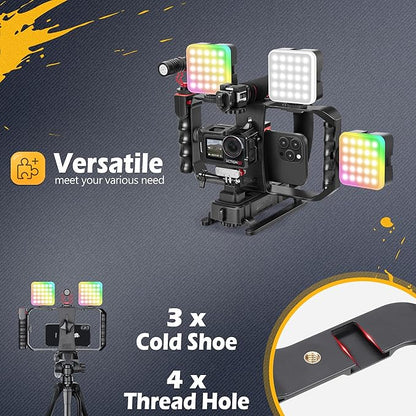 Zeadio Smartphone Camera Stabilizer Kit, Portable Handle Grip Handheld Video Rig with RGB Video Light and Microphone, Fits for All Camcorder, Camera, DSLR and All iPhone and Android Smartphones