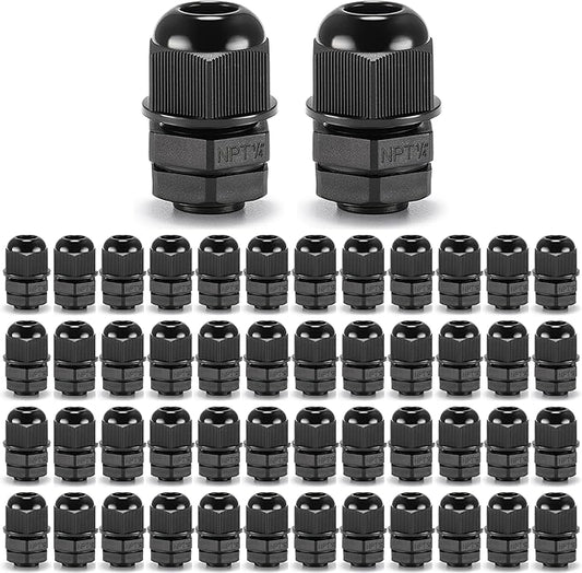 QILIPSU 50pcs 1/4" NPT Cable Gland Waterproof IP68 Nylon Cable Pass Through Cord Grip Connector Strain Relief Wire Grommet
