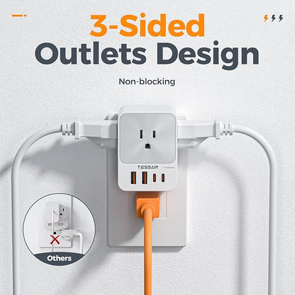 USB C Charger Block 20W PD, TESSAN 4 USB Wall Charger Fast Charging with 3 Outlet Extender Surge Protector, 3 Side Multi Port Adapter, Electric Multiple Outlet Plug for Home Office Dorm Room