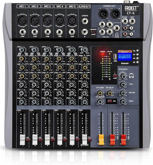 Professional Audio Mixer Sound Board 6 Channel Audio Desk System Interface Digital DJ Console with Bluetooth USB Sound Audio Mixing Console for Karaoke Studio Party Recording Broadcast (CT-6)