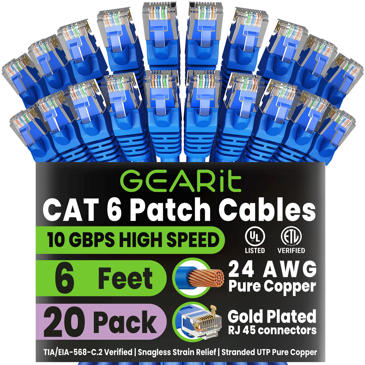 GEARit Cat6 Patch Cables Cat 6 Ethernet Cable 1 ft 20-Pack Purple