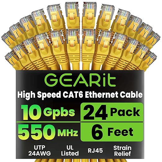 GEARit Cat 6 Ethernet Patch Cables 6 ft Yellow (Cat 6 Ethernet Cables 6 ft 24-Pack), High Speed 24AWG 10Gbps RJ45 Snagless Gold-Plated, Ethernet Cable for Router, Switch, PC, PS5 Gaming, Server