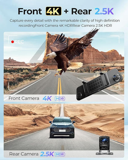 12" Mirror Dash Cam, 4K UHD Front and 2.5K Rear View Dash Camera for Car, with ADAS BSD LCA Smart Mode, GPS, G-Sensor, Loop Recording, Parking Monitor, Voice Control, 5.8GHz WiFi