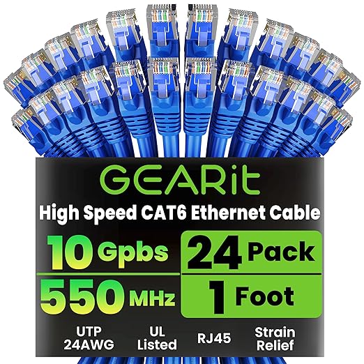GEARit Cat 6 Ethernet Patch Cable 1 ft Blue (24-Pack Cat6 Ethernet Patch Cables 1ft), Cat 6 High Speed 24AWG 10Gbps RJ45 Snagless Gold-Plated, Ethernet Cable for Router, Switch, PC, PS5 Gaming, Server