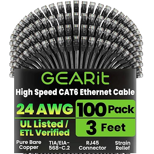 GEARit Cat 6 Patch Cables 3 ft Black (100 Pack) - Cat6 Patch Cables 3ft Black/Ethernet Patch Cable, 10Gbps 550MHz 24AWG Pure Copper, Snagless, Gold Plated RJ45 for Router, Server, Router, PC