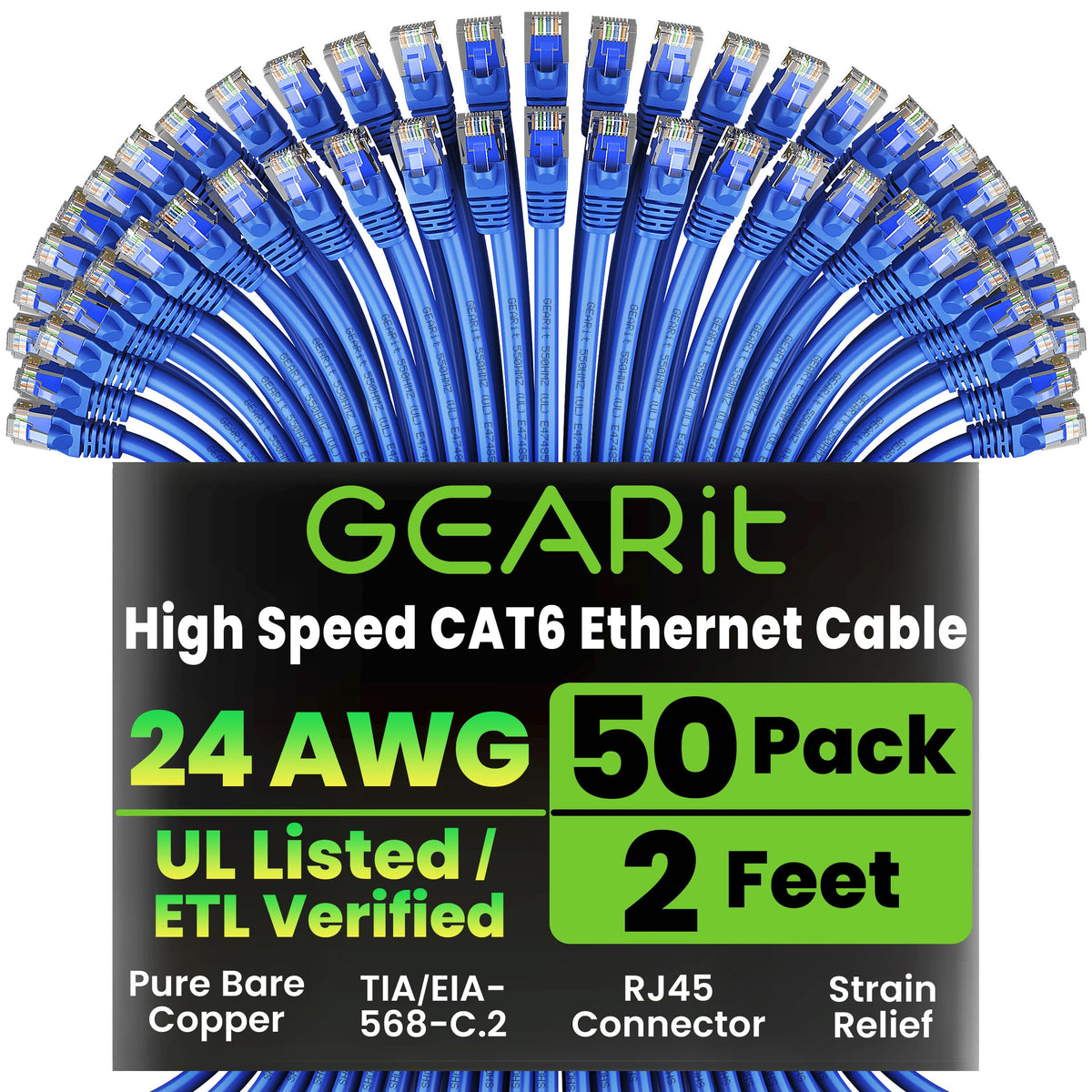 GEARit Cat6 Patch Cables Cat 6 Ethernet Cable 2 ft 50-Pack Black