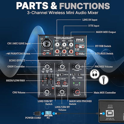 Pyle 3-Channel Professional Wireless DJ Audio Mixer - Bluetooth 5.0 - USB Interface - XLR+6.35mm Mic/Line/Guitar Input - 3.5mm Mic Input - RCA - AUX - Headphone Jack - +48V Phantom Power - PAD33MXUBT
