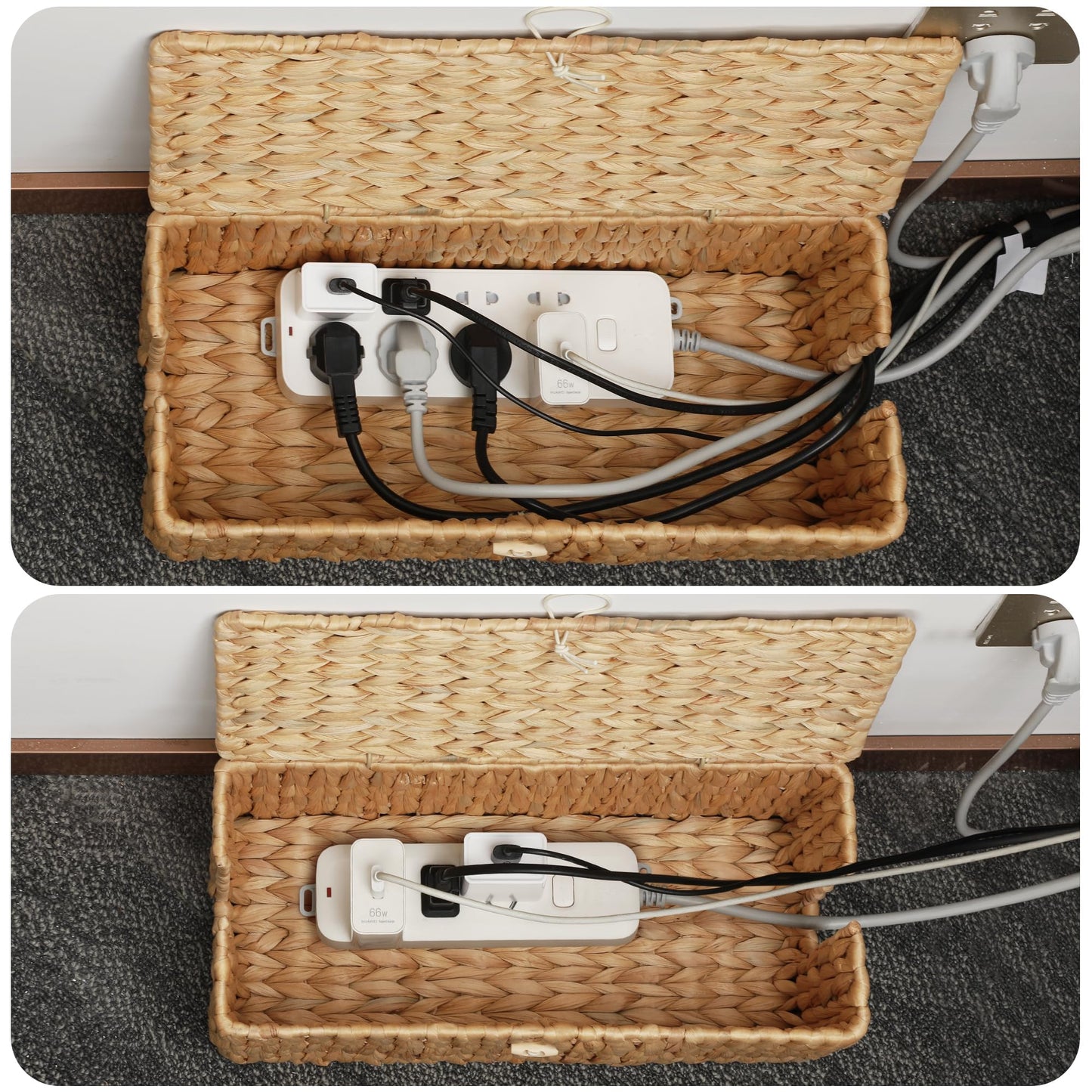 Posprica Cable Management Box with Lid, 2Pack Handwoven Real Water Hyacinth Cord Hider Organizer Boxes, 2 Side Open Slots Storage Box to Hide Cords Power Strip for Desk, Floor, Office