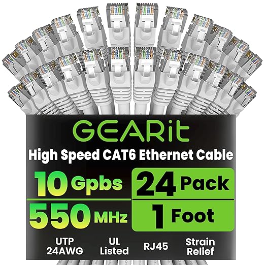 GEARit Cat 6 Ethernet Patch Cables 1 ft White (Cat 6 Ethernet Cables 1 ft 24-Pack), High Speed 24AWG 10Gbps RJ45 Snagless Gold-Plated, Ethernet Cable for Router, Switch, PC, PS5 Gaming, Server