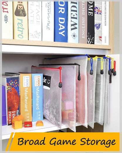 SUNEE Plastic Mesh Zipper Pouch 6x9 in (9 Colors, 18 Packs),Extra Large Water-Resistant Zip Bag for School Office Supplies, Puzzles & Games Organizing Storage