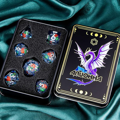 ARUOHHA Liquid Core DND Dice Set, Vampire Sharp Edged Dragons Dice Compatible with D&D RPG Role Playing Games, Resin Blood Red Polyhedral Dungeons D and D Dice with Gift Box D20 D12 D10 D8 D6 D4