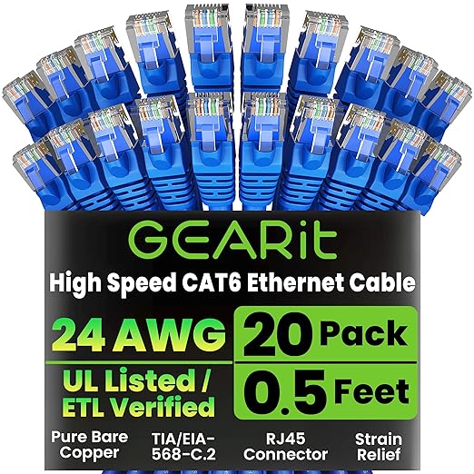 GEARit Cat 6 Ethernet Patch Cable 0.5 ft Blue (20 Pack) - Cat6 Patch Cables 0.5ft Blue/Ethernet Patch Cable, 10Gbps 550MHz 24AWG Pure Copper, Snagless, Gold Plated RJ45 for Router, Server, Router, PC