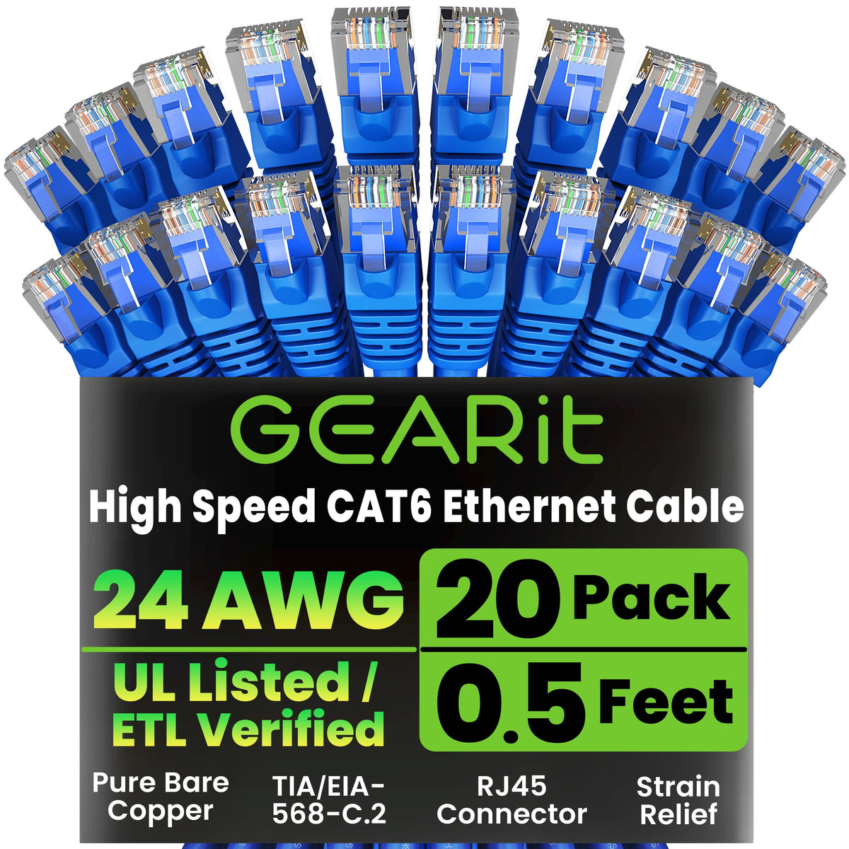 GEARit Cat6 Patch Cables Cat 6 Ethernet Cable 1 ft 20-Pack Purple