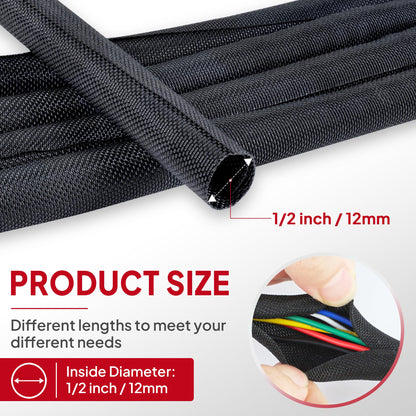 BuyUneed Black Split Braided Cable Management Sleeves 1/2inch -30Feet