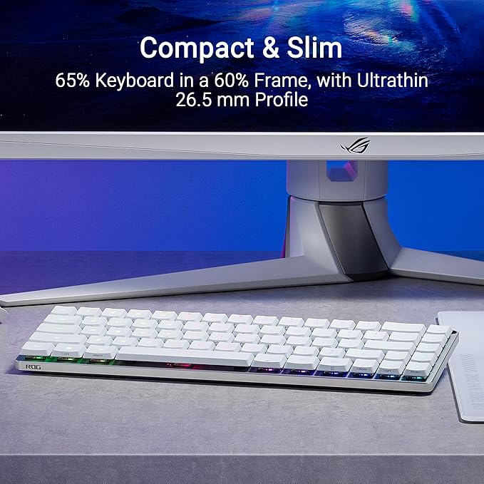 ASUS ROG Falchion RX Low Profile 65% Wireless Gaming Keyboard with ROG RX Blue Low-Profile switches, tri-Mode Connection, Protective Cover, Silicone dampening Foam, Touch Panel, and MacOS Support.