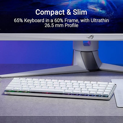 ASUS ROG Falchion RX Low Profile 65% Wireless Gaming Keyboard with ROG RX Blue Low-Profile switches, tri-Mode Connection, Protective Cover, Silicone dampening Foam, Touch Panel, and MacOS Support.
