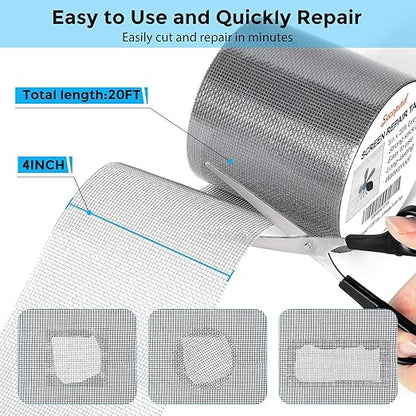 Grey Window Screen Repair Tape, 3IN X 20FT (240IN) Screen Repair Kit for Windows or Doors, Strong Adhesive Patch Kit Fiberglass Mesh Tape