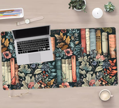Floral Books Desk Mat Reading Desk Pad Mouse Mat XXL, Colorful Mouse Keyboard Pad Flower Bookshelf Desktop Mat, Long Computer Mats Aesthetic Desk Accessory Reader's Home Decor 31.5" x 15.7"