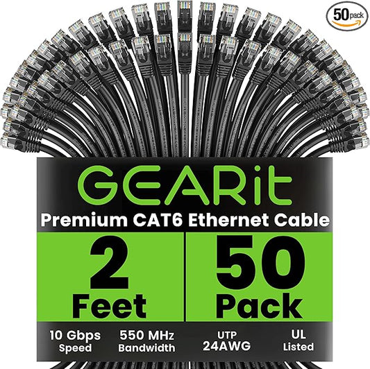 GEARit Cat 6 Ethernet Cable Pack - 50-Pack 2 ft Cat6 Ethernet Patch Cables | RJ45 Network Patch Cable, 10 Gbps Snagless Gold-Plated Connectors - Ethernet Cable Cat 6 for PC, TV, Router - Black