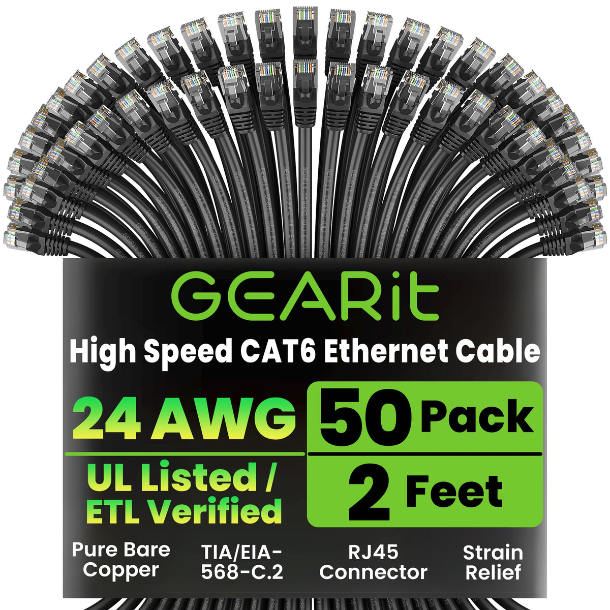 GEARit Cat6 Patch Cables Cat 6 Ethernet Cable 2 ft 50-Pack Black