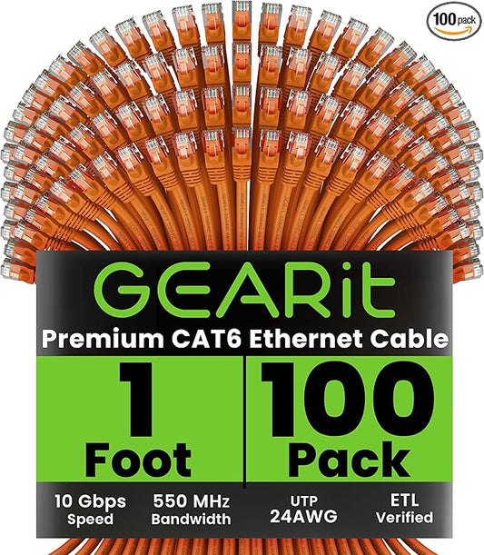 GEARit Cat 6 Ethernet Patch Cable 1 ft Orange (100 Pack) Cat6 Patch Cables 1ft Orange/Ethernet Patch Cable, 10Gbps 550MHz 24AWG Pure Copper, Snagless, Gold Plated RJ45 for Router, Server, Router, PC
