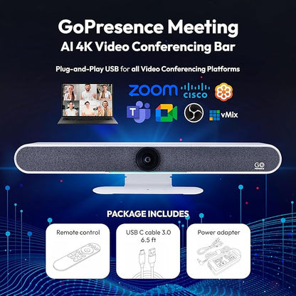 Meeting 4K Video Conferencing Bar – 4K Camera with 120° Wide-Angle Lens, AI Auto-Framing, 6 Mics with 20ft Pickup Range, Dual Speakers, Plug-and-Play USB for Zoom/Teams/Meet – Medium Rooms