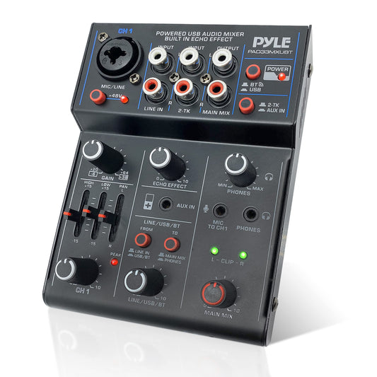 Pyle 3-Channel Professional Wireless DJ Audio Mixer - Bluetooth 5.0 - USB Interface - XLR+6.35mm Mic/Line/Guitar Input - 3.5mm Mic Input - RCA - AUX - Headphone Jack - +48V Phantom Power - PAD33MXUBT