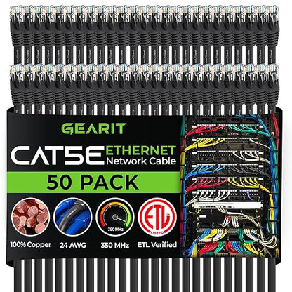 GearIt 50-Pack, Cat5e Ethernet Patch Cable 1 Foot - Snagless RJ45 Computer LAN Network Cord, Black