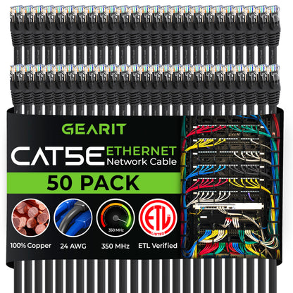 GearIt 50-Pack, Cat5e Ethernet Patch Cable 1 Foot - Snagless RJ45 Computer LAN Network Cord, Black