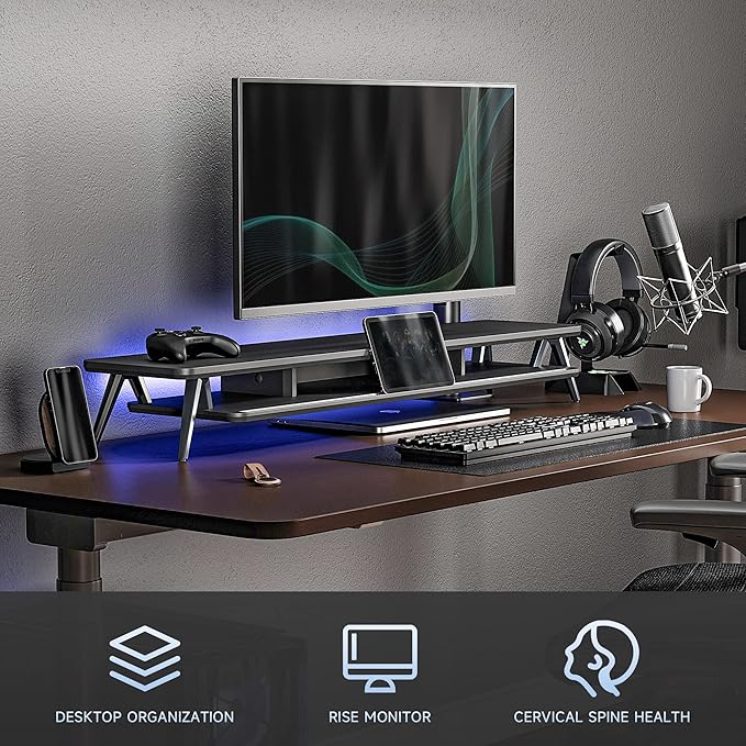 Fenge Dual Monitor Stand, Monitor Stands Riser for 2 monitors, 42.5 Inch Wood Desk Shelf with Storage Organizer and Cable Management for Office Desk Accessories