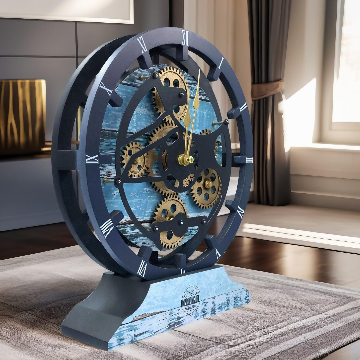 ImprovingLife The Gears Clock Desk Clock 10 inches with Real Moving Gears Convertible into Wall Clock (Aqua Green)