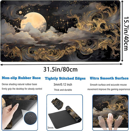 Golden Moon Desk Pad Black Desk Mat XXL Mouse Gaming Pads, Starry Sky Keyboard Pads Extra Large Desktop Computer Mats with Non-Slip Base & Stitched Edges, Vintage Office Decor 31.5" x 15.7"