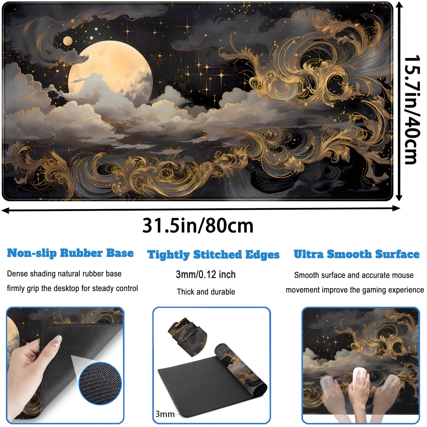 DKPXFG Golden Moon Desk Pad Black Desk Mat XXL Mouse Gaming Pads, Starry Sky Keyboard Pads Extra Large Desktop Computer Mats with Non-Slip Base & Stitched Edges, Vintage Office Decor 31.5" x 15.7"