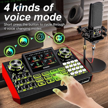 Podcast equipment bundle with live sound card audio mixer, podcast equipment with 3.5mm microphone, soundboard for phone, computer, live streaming, singing, recording, and content creation.