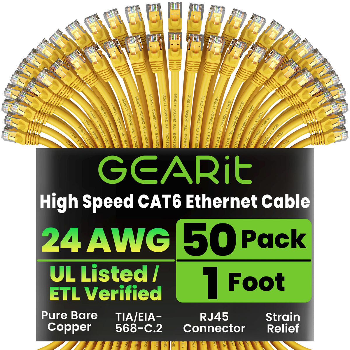 GEARit Cat6 Patch Cables Cat 6 Ethernet Cable 2 ft 50-Pack Black