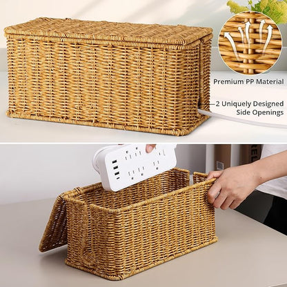 Large Cable Management Box, Handwoven Imitation Rattan Cord Organizer Cord Hider Box, Desk Cord Management Box to Hide Cords and Power Strips, 13.5" L x 6.2" W x 6" H, Natural