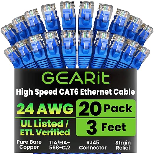 GEARit Cat 6 Ethernet Cable Pack - 20-Pack 3 ft Cat6 Ethernet Patch Cables | RJ45 Network Patch Cable, 10 Gbps Snagless Gold-Plated Connectors - Ethernet Cable Cat 6 for PC, TV, Router - Blue