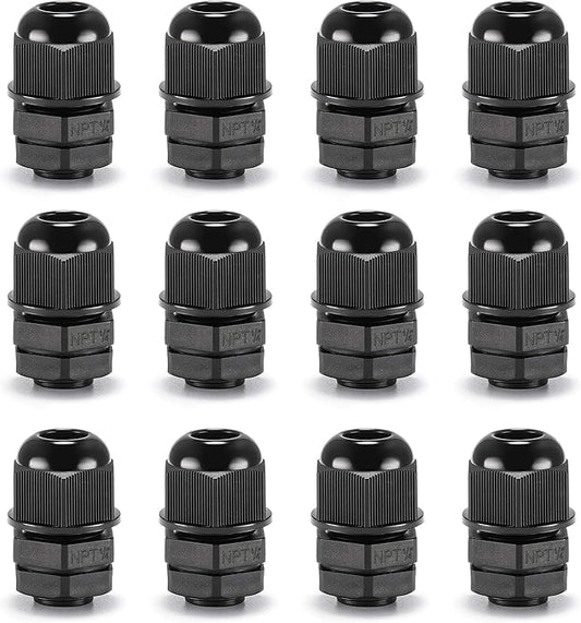 QILIPSU 12pcs 1/4" NPT Cable Gland Waterproof IP68 Nylon Cable Pass Through Cord Grip Connector Strain Relief Wire Grommet