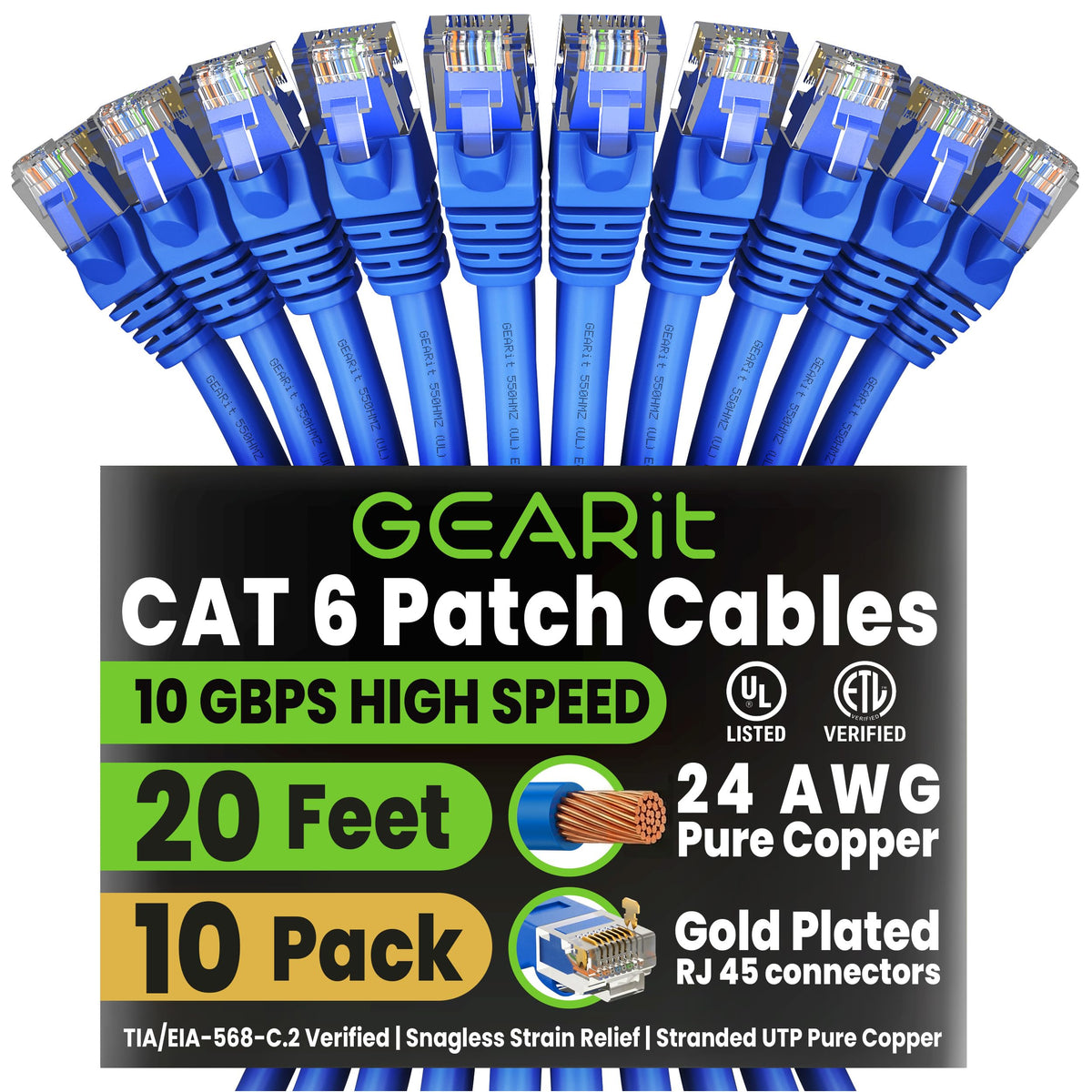 GEARit Cat6 Patch Cables Cat 6 Ethernet Cable 6 ft 10-Pack Green