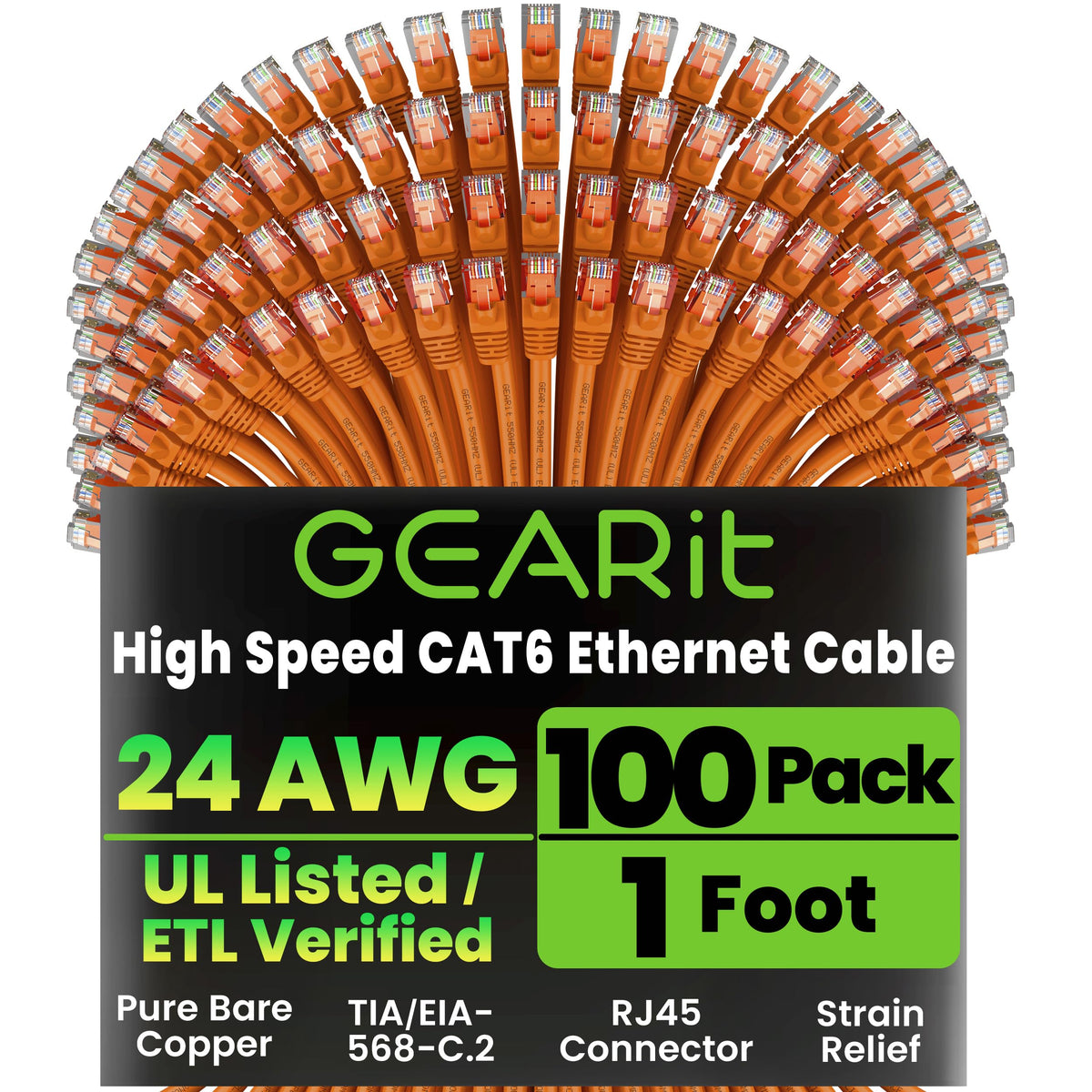 GEARit Cat6 Patch Cables Cat 6 Ethernet Cable 1.5 ft 100-Pack Black