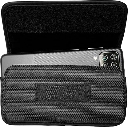 Nylon Cellphone Holster for iPhone 12/13/14/15 Pro, Cricket Debut, Calypso 1/2, Nokia C100, Samsung S22 5G S10, Horizontal Case Canvas Waist Carrying Pouch with Belt Clip/Loops, Black