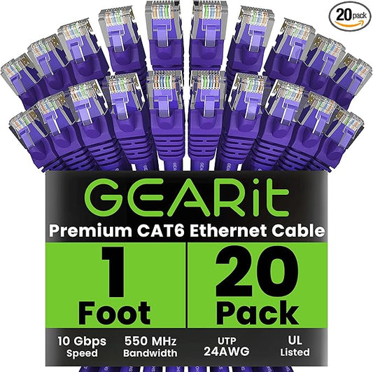 GEARit Cat 6 Ethernet Patch Cable 1 ft Purple (20 Pack) Cat6 Patch Cables 1ft Purple/Ethernet Patch Cable, 10Gbps 550MHz 24AWG Pure Copper, Snagless, Gold Plated RJ45 for Router, Server, Router, PC