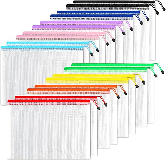 SUNEE Plastic Mesh Zipper Pouch 11x16 in (9 Colors, 18 Packs),Extra Large Water-Resistant Zip Bag for School Office Supplies, Puzzles & Games Organizing Storage