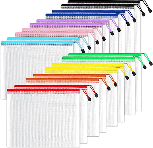 SUNEE Plastic Mesh Zipper Pouch 9.2x12.5 in (9 Colors, 18 Packs),Extra Large Water-Resistant Zip Bag for School Office Supplies, Puzzles & Games Organizing Storage