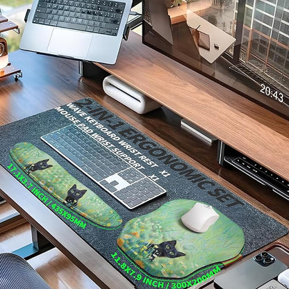 2-in-1 Ergonomic Set, Wave Keyboard Wrist Rest and Massage Slope Mouse Pad Wrist Support, Rebound Memory Foam for Relieve Carpal Tunnel Syndrome and Wrist Pain (Oil Painting Cats)