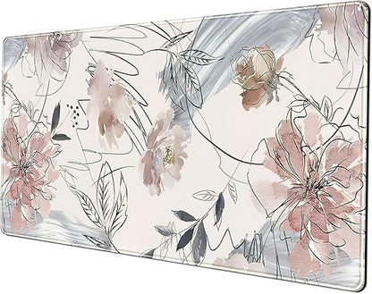 Desk Mat, Abstraction Hand Painted Flowers Extended Gaming Mouse Pad (31.5x15.75 in), Cute Large Non-Slip Rubber Base Mousepad with Stitched Edges, Keyboard Mouse Mat Desk Pad for Game Office