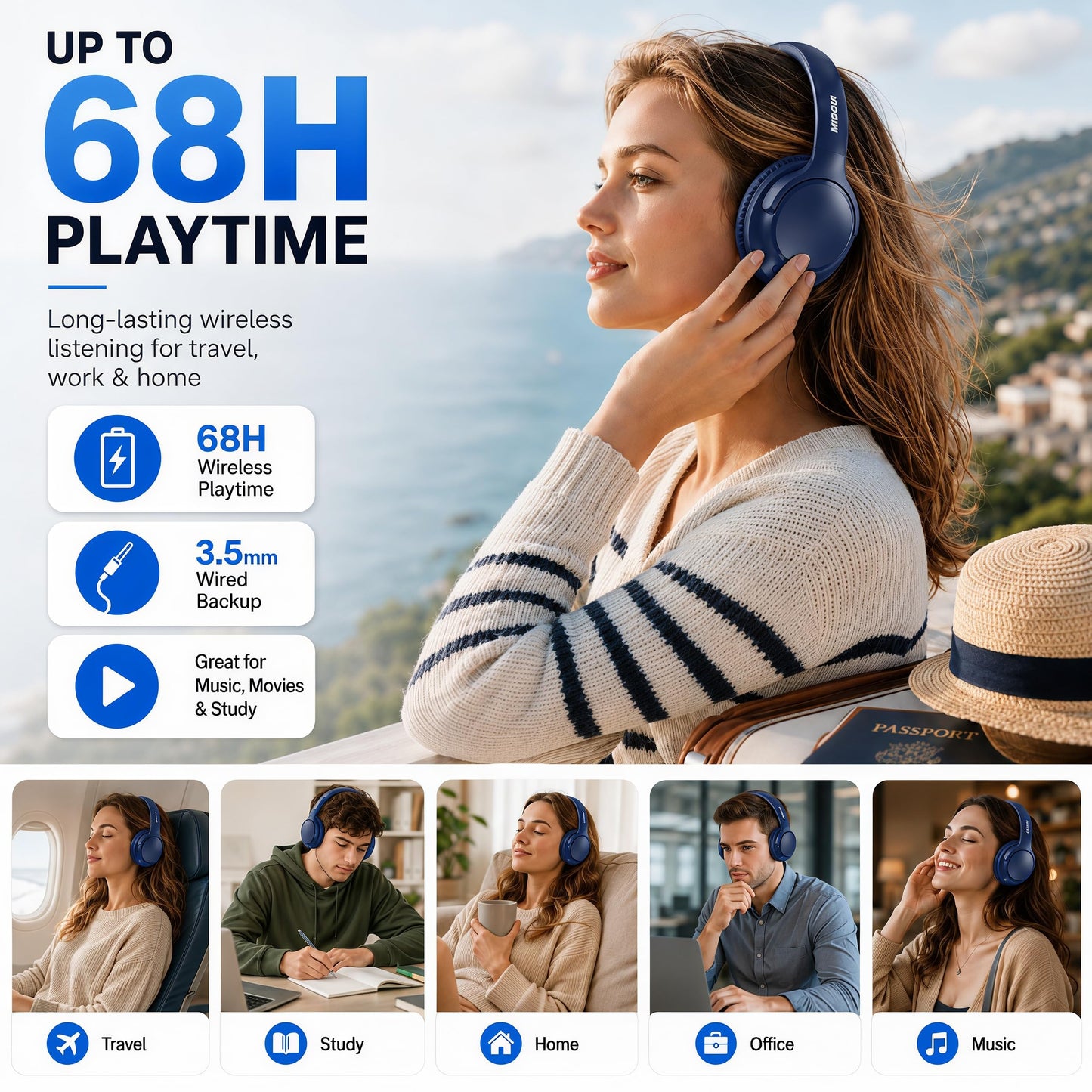 Bluetooth Headphones Wireless 68H with Mic,Decent Sound-Acceptable Blue