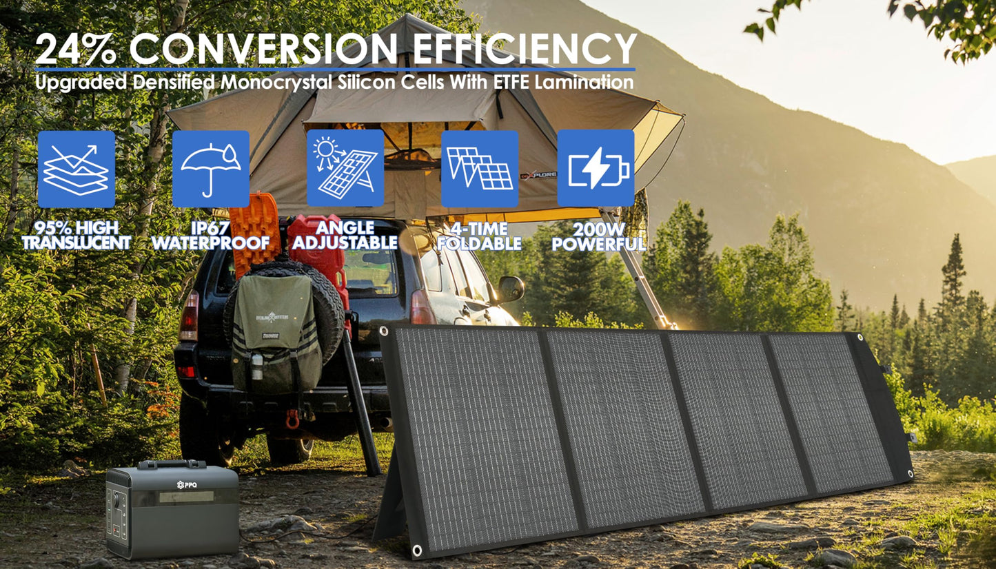 PPQ 200W Portable Solar Panel Kit 18V/12A,14lb Foldable Briefcase Solar Charger w/ 24% Efficiency,4 Cables & 16 Outputs for All Camping Power Station, RV Battery, Phones, IP67 Waterproof